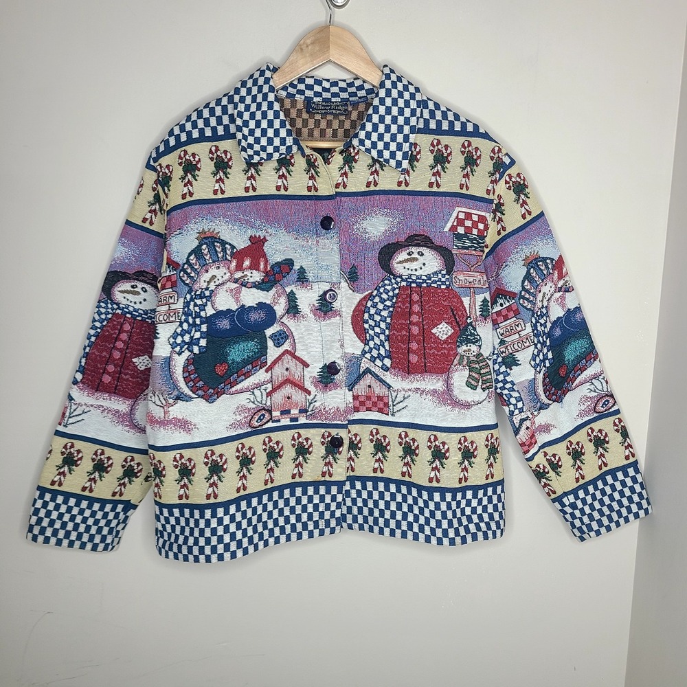 Willow Ridge Vintage Christmas Snowman Tapestry Jacket Size M Retro Cottagecore